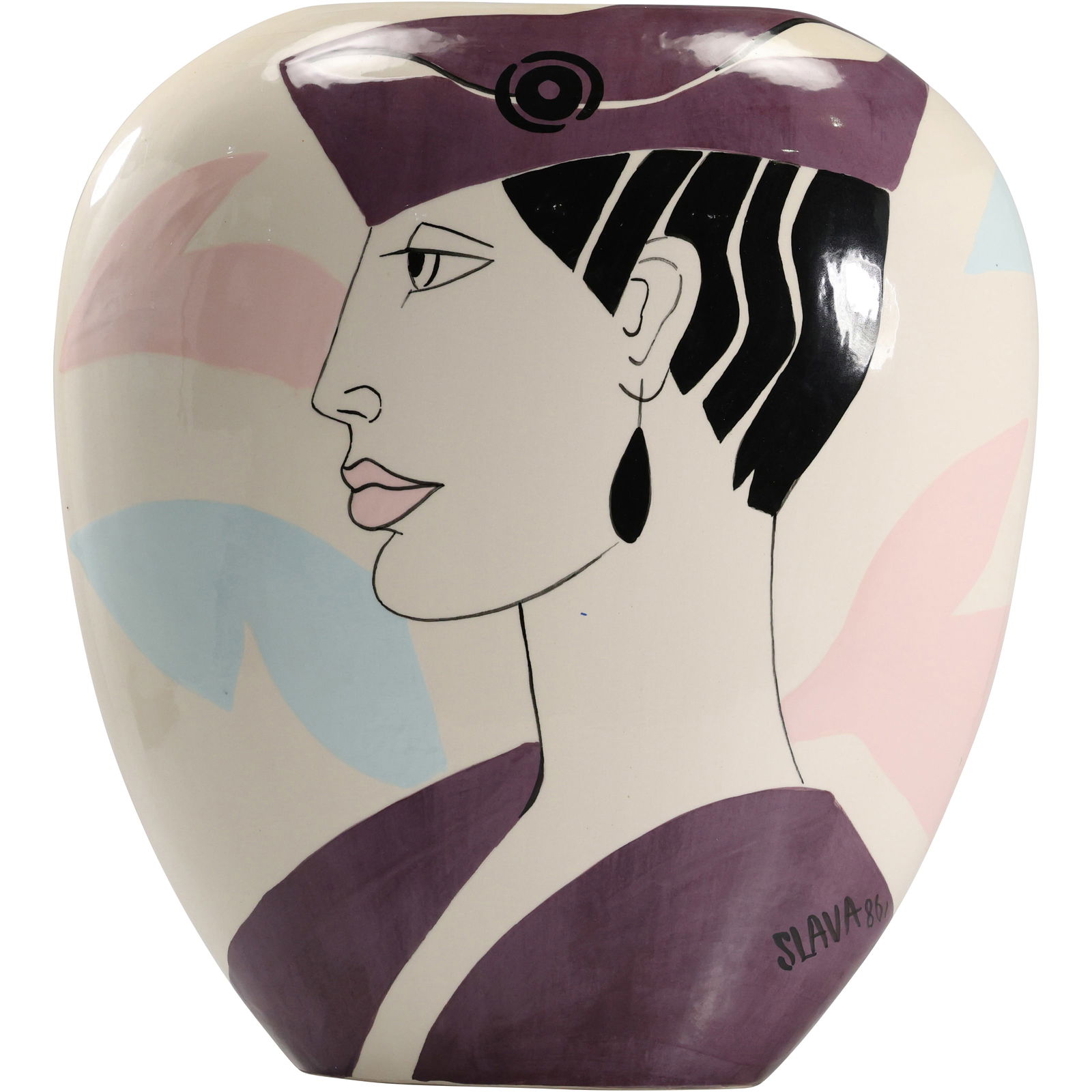 Signed Slava 1986 Hand-Painted Ceramic Vase with Portrait of a Woman (1 of 15)