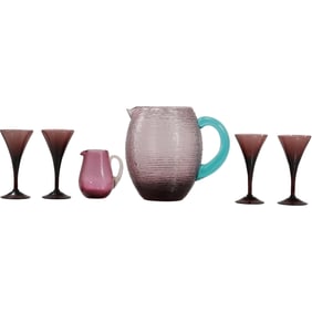 Mid-Century Glass Pitcher and Goblet Set, Attributed to IVV, Italy  Description: