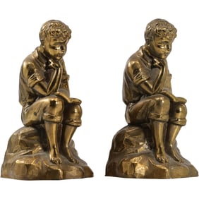 Pair of Cast Metal Boy Reading on Rock Bookends