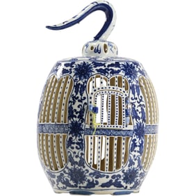 Blue and White Chinese Style Porcelain Birdcage Form Lantern
