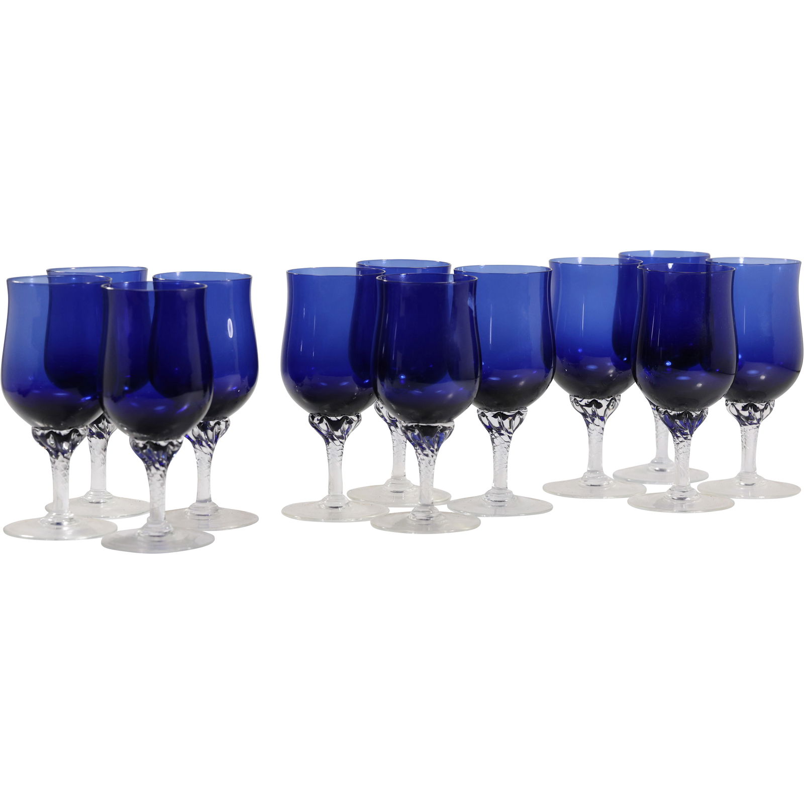 Set of 12 Vintage Cobalt Blue Cambridge Celebrity Glass Goblets: Set of twelve vintage cobalt blue glass goblets in the Cambridge Celebrity pattern, featuring clear twisted stems and polished bases. Each glass displays a deep cobalt bowl transitioning to a clear st