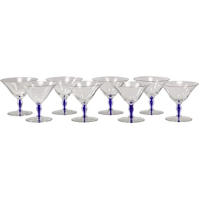 Vintage Set of 8 El Morocco NYC Nightclub Champagne Coupes with Cobalt Blue Stems