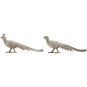 Pair Silver-plated Pheasant Bird Figures Male and Female 9 inches length