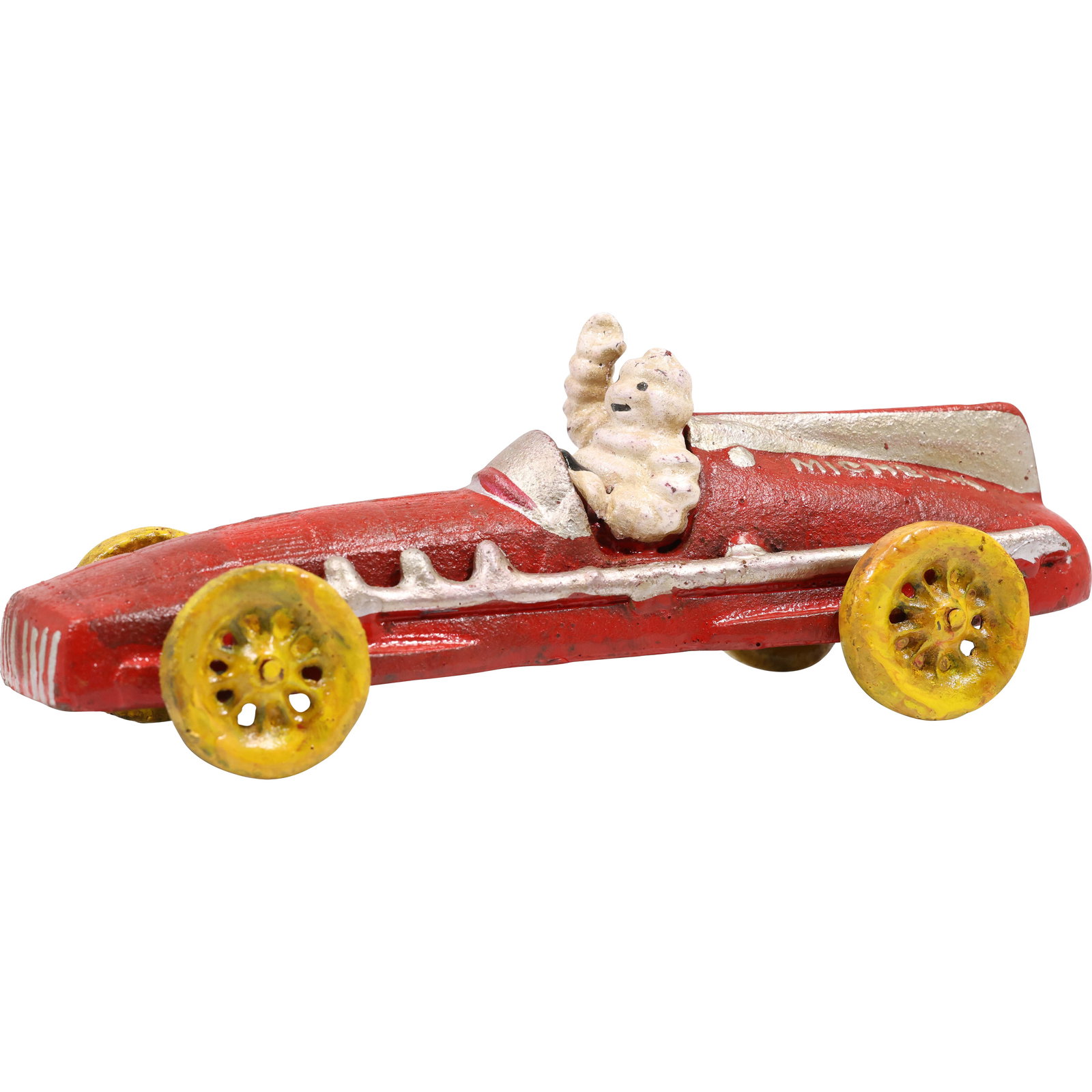 vintage-style cast iron toy race car featuring the Michelin Man (known as Bibendum) as the driver.: vintage-style cast iron toy race car featuring the Michelin Man (known as Bibendum) as the driver. Original Paint Finish. size: 3h 10w S:B