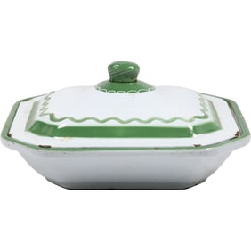 Vintage Klafrestrom Sweden Green and White Enamel Cast Iron Covered Dish