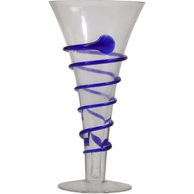 Clear Art Glass Vase with Applied Cobalt Blue Spiral Design