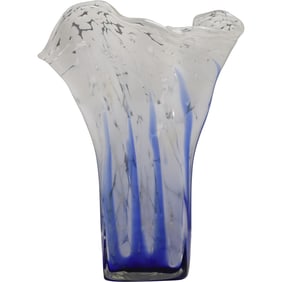 Hand Blown Blue and White Spatter Art Glass Ruffled Vase