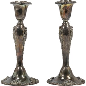 Pair of Godinger Silver Plate Candlesticks with Ornate Rococo Detailing