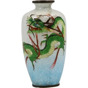 Japanese Ginbari Cloisonne Enamel Vase with Green Dragon Motif