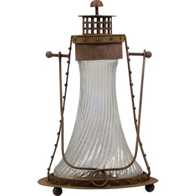 Primitive Antique Metal Hanging Lantern with Ribbed Glass Chimney Insert