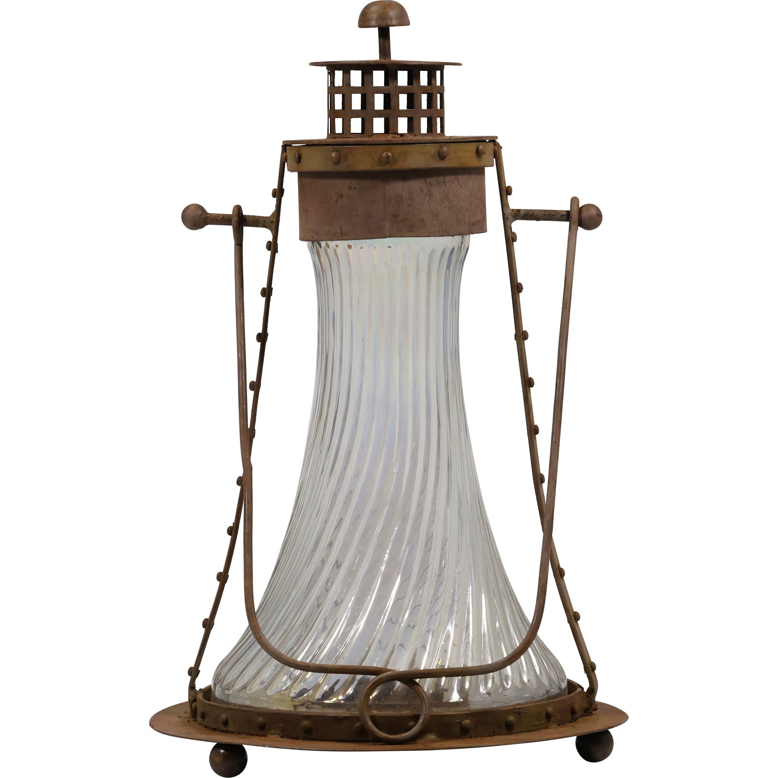 Primitive Antique Metal Hanging Lantern with Ribbed Glass Chimney Insert (1 of 16)