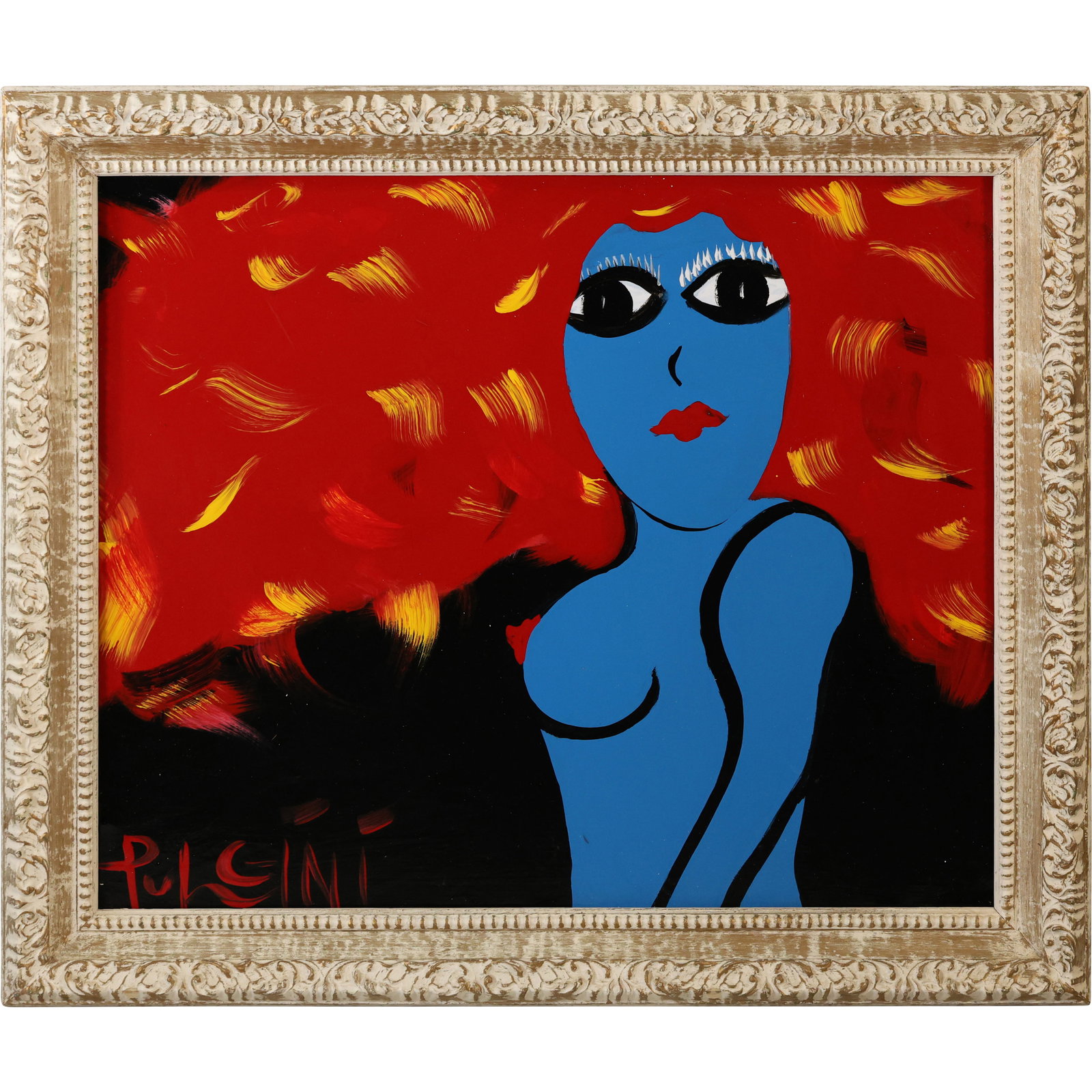 Thomas Pulgini, American, Pop-Art Abstract Oil on Board Painting Blue Woman with Red Hair: Thomas Pulgini, American, Pop-Art Abstract Oil on Board Painting Blue Woman with Red Hair. Signed, Framed, Listed American Artist. size: 20 x 24 outside frame 25 x 28 ; ASKart: Thomas Pulgini, Born 19