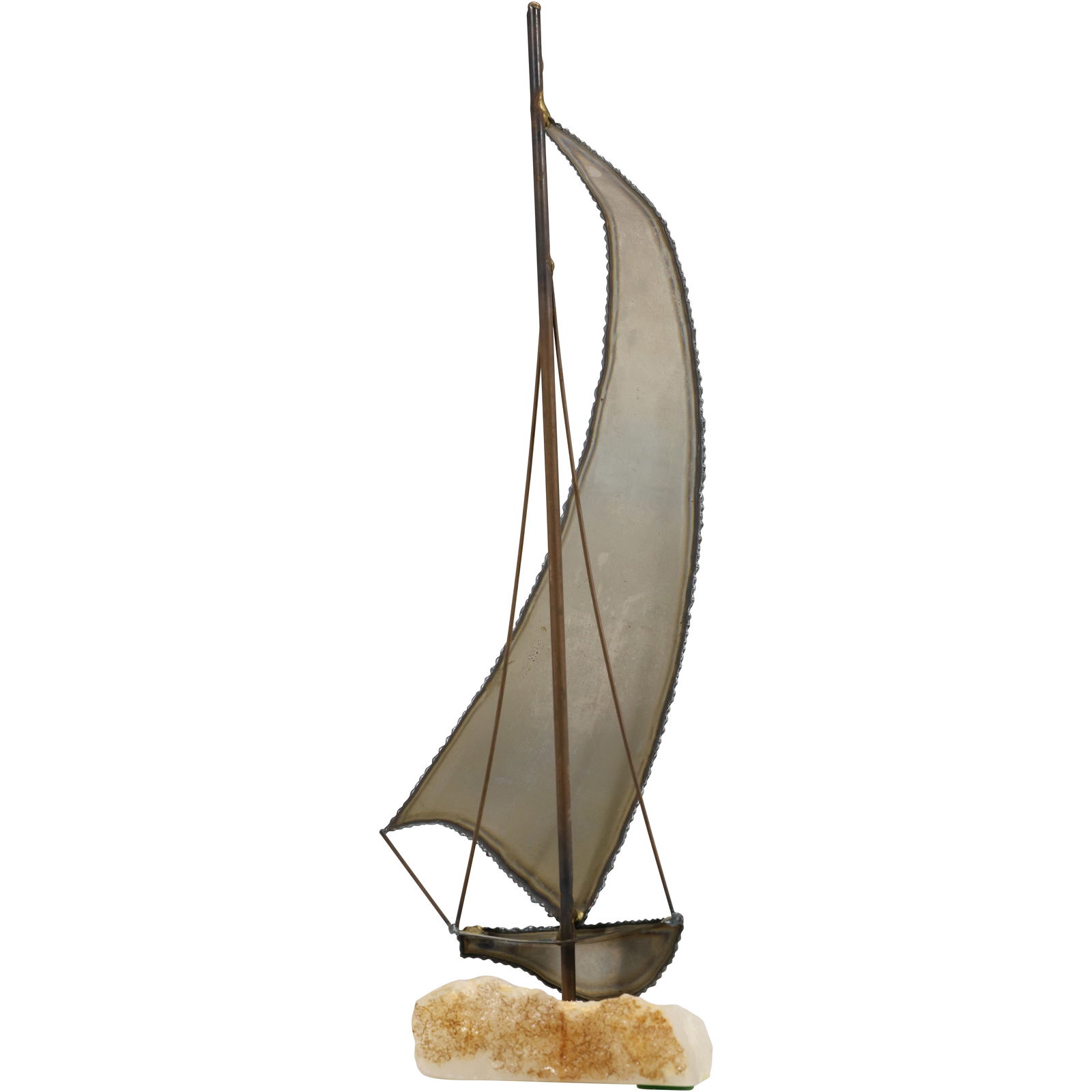 Abstract Brass Sailboat Sculpture on Stone Base Mid-Century Modern: Graceful mid-century modern sailboat sculpture featuring a sweeping brass sail and slender mast mounted on a natural stone base. The composition captures a sense of motion and balance, blending nautic