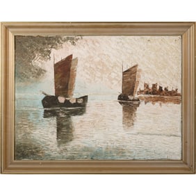 Oil on Canvas Painting "Boats at Sea" Attributed to German artist Georg Arnold-Graboné (1896-1982).