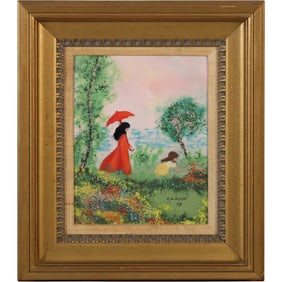 Louis Cardin Enamel on Copper Art Signed 1978 Woman Child Umbrella, Framed