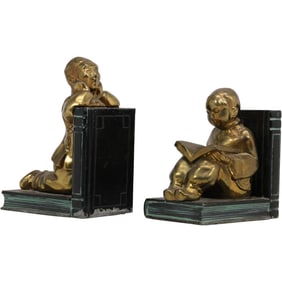 Pair of Bronze Clad Art Deco Style Children Reading Brass Bookends