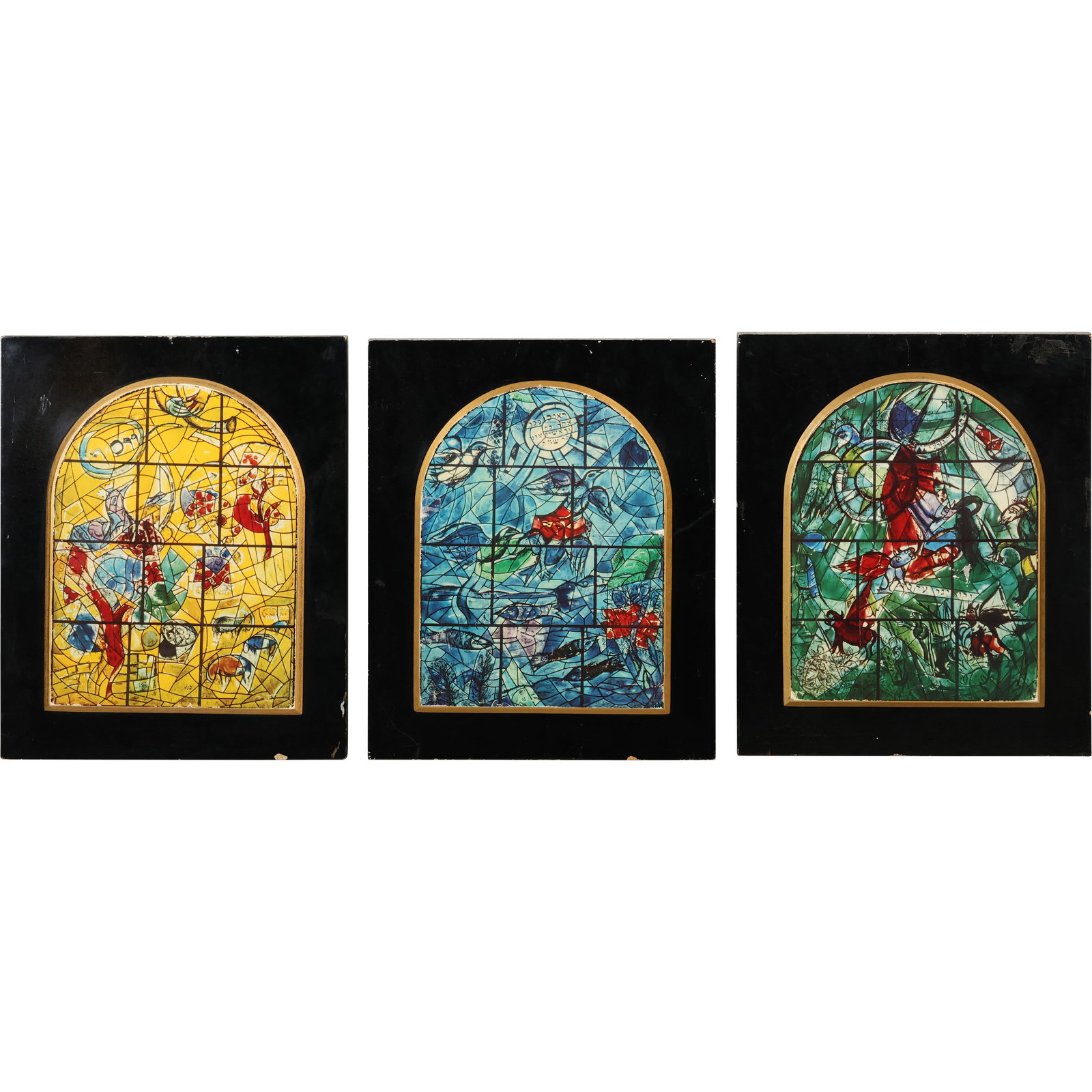 [3] Prints Marc Chagall's famous stained-glass windows, originally installed in the Abbell Synagogue: [3] Prints Marc Chagall's famous stained-glass windows, originally installed in the Abbell Synagogue. size: 13 x 16