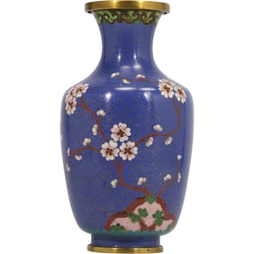 Chinese Blue Cloisonne Vase with Flowers Motif 9 in. height x 4.5 in.