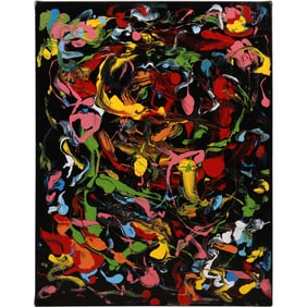 Thomas Pulgini, American, Pop-Art Abstract Oil on Board Painting Busy Abstract, Signed