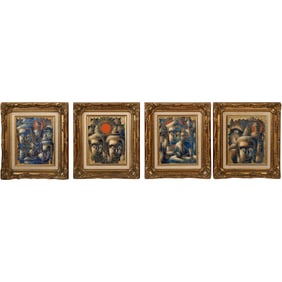 Set of 4 Modernist Oil Paintings of Thai Buddhas, Each Framed