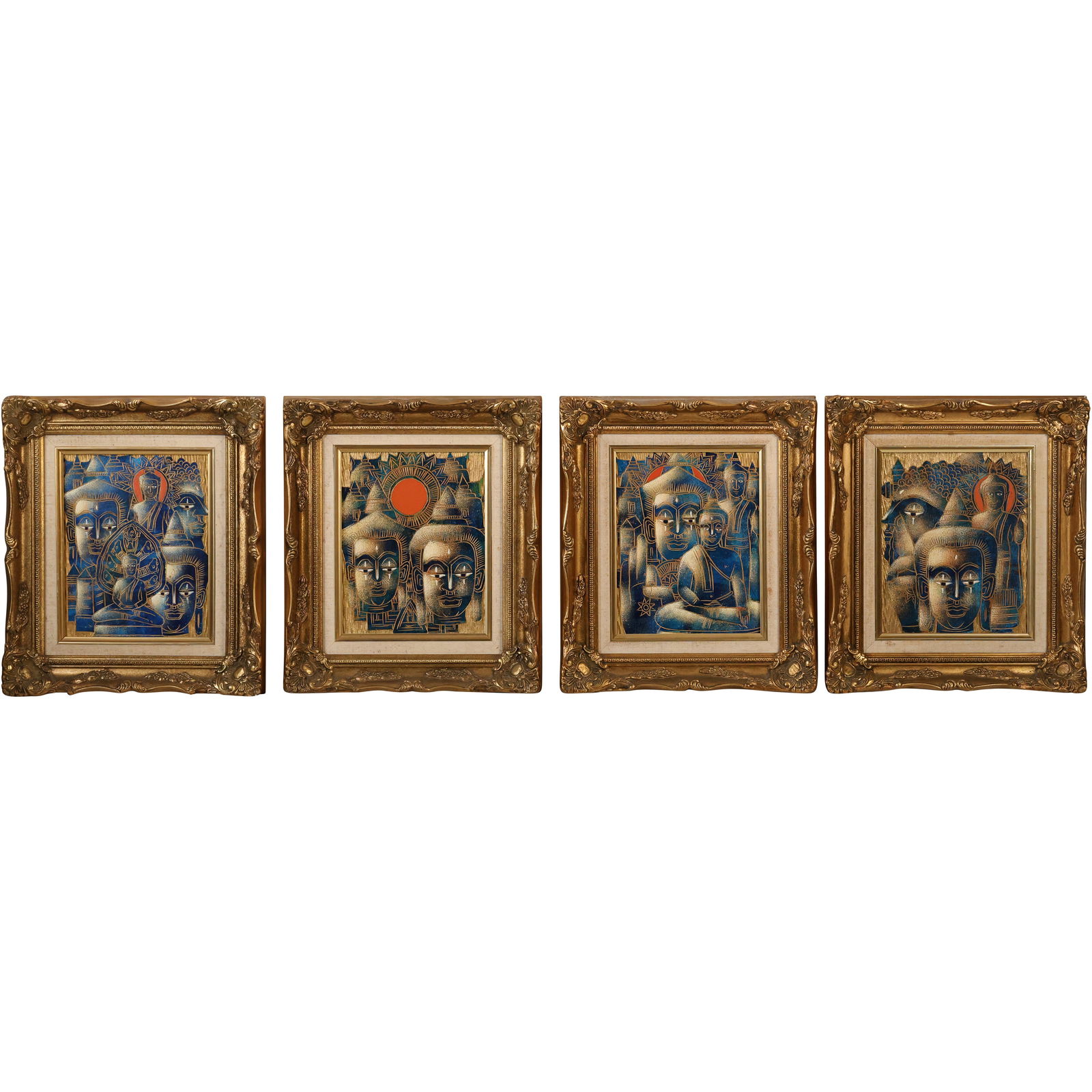 Set of 4 Modernist Oil Paintings of Thai Buddhas, Each Framed (1 of 12)