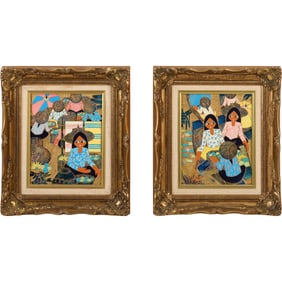 [2] Oil on Board Paintings Open Air Markets with Figures, Both Framed