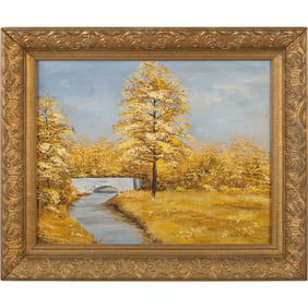 Artist Signed, Autumn Landscape with Stream Oil on Canvas Painting, Framed