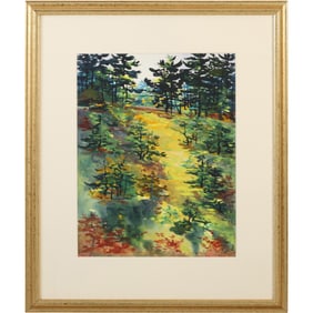 Signed Borrell, Watercolor Painting Pathwatb Through Woodland Forest, Framed