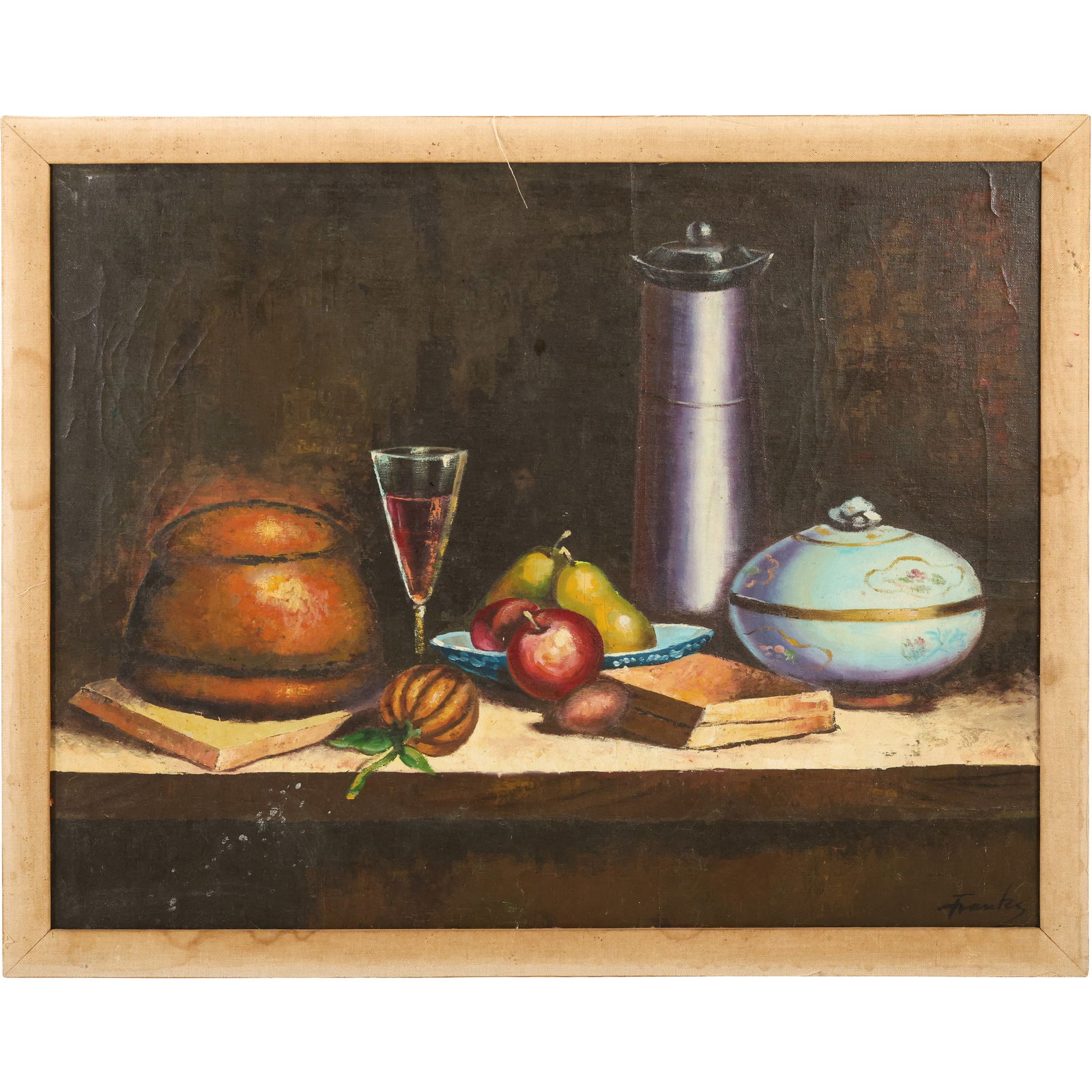 Signed Franks Still Life with Bread, Fruit, and Porcelain Dish Oil on Canvas: Oil on canvas signed Franks, depicting a classic still life arrangement featuring a loaf of bread, glass of wine, pears, apples, a striped gourd, books, and a porcelain dish with floral decoration. A