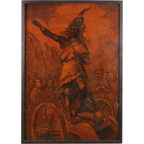 Unsigned Painting on Board Depicting Native American Warrior on Cannon