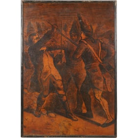 Antique-style painting on board depicting a Revolutionary War battle scene
