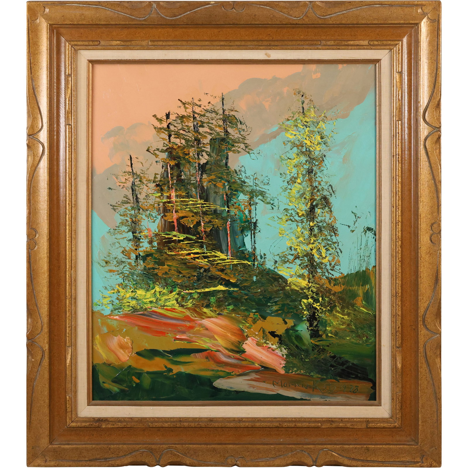 Morris Katz oil painting landscape 1978: Original oil painting on board by Morris Katz, signed and dated 78 lower right. The composition depicts a vivid woodland scene rendered in Katz’s signature impasto technique, where thickly applied p