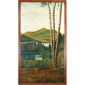 G. Guette 1950 Oil Painting Landscape with Birch Trees and Lake