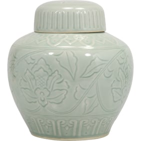 Celadon Glazed Ginger Jar with Lid and Incised Floral Motif