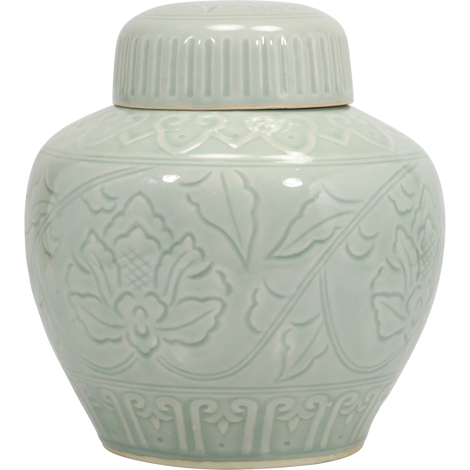 Celadon Glazed Ginger Jar with Lid and Incised Floral Motif (1 of 12)
