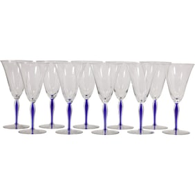Set of 10 Clear Wine Glasses with Cobalt Blue Teardrop Stems in the Style of Orrefors