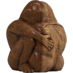 Hand Carved Wooden Sculpture of Embracing Couple