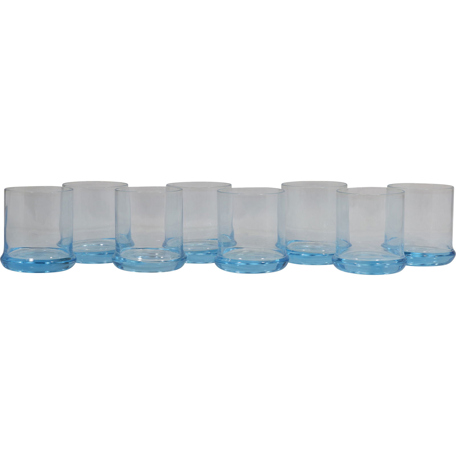 Set of 8 Vintage Light Blue Glass Tumblers: Set of eight matching cylindrical glass tumblers in a light blue hue. Each features a thick, weighted base with a subtle rise, clear upper body, and smooth rim. The glasses exhibit clean, modern propo