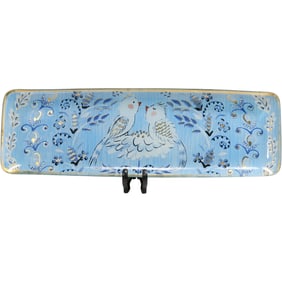 Hand Painted Blue and Gold Foil Art Glass Tray with Bird Motif