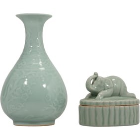 Pair of Celadon Glazed Porcelain Pieces, Including Elephant Box and Longquan Style Vase