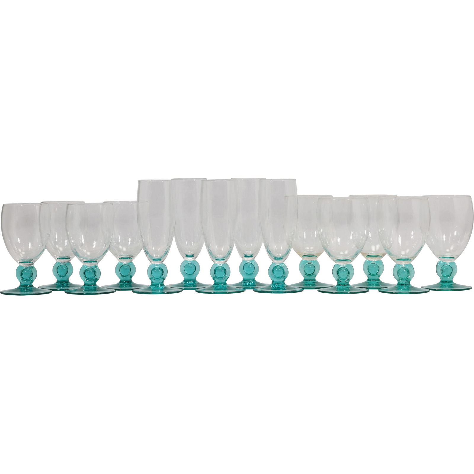 Luminarc France Moliere Aqua Stem Glassware Set of 14: Set of fourteen Luminarc France Moliere glass goblets featuring clear bowls over aqua-colored stems and bases. The stem design incorporates a rounded knop element that provides visual balance and a mo