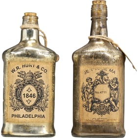 Pair of Decorative Mercury Glass Style Bottles with Printed Labels