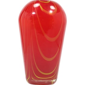 Murano Style Red and Yellow Pulled Feather Art Glass Vase