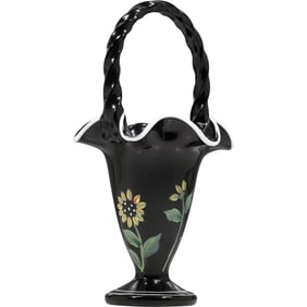 Fenton Hand Painted Black Glass Basket with Sunflower Design