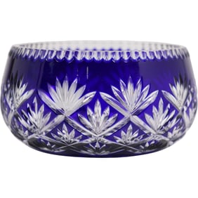 Cobalt Blue Cut-to-Clear Bohemian Crystal Bowl with Fan and Diamond Pattern