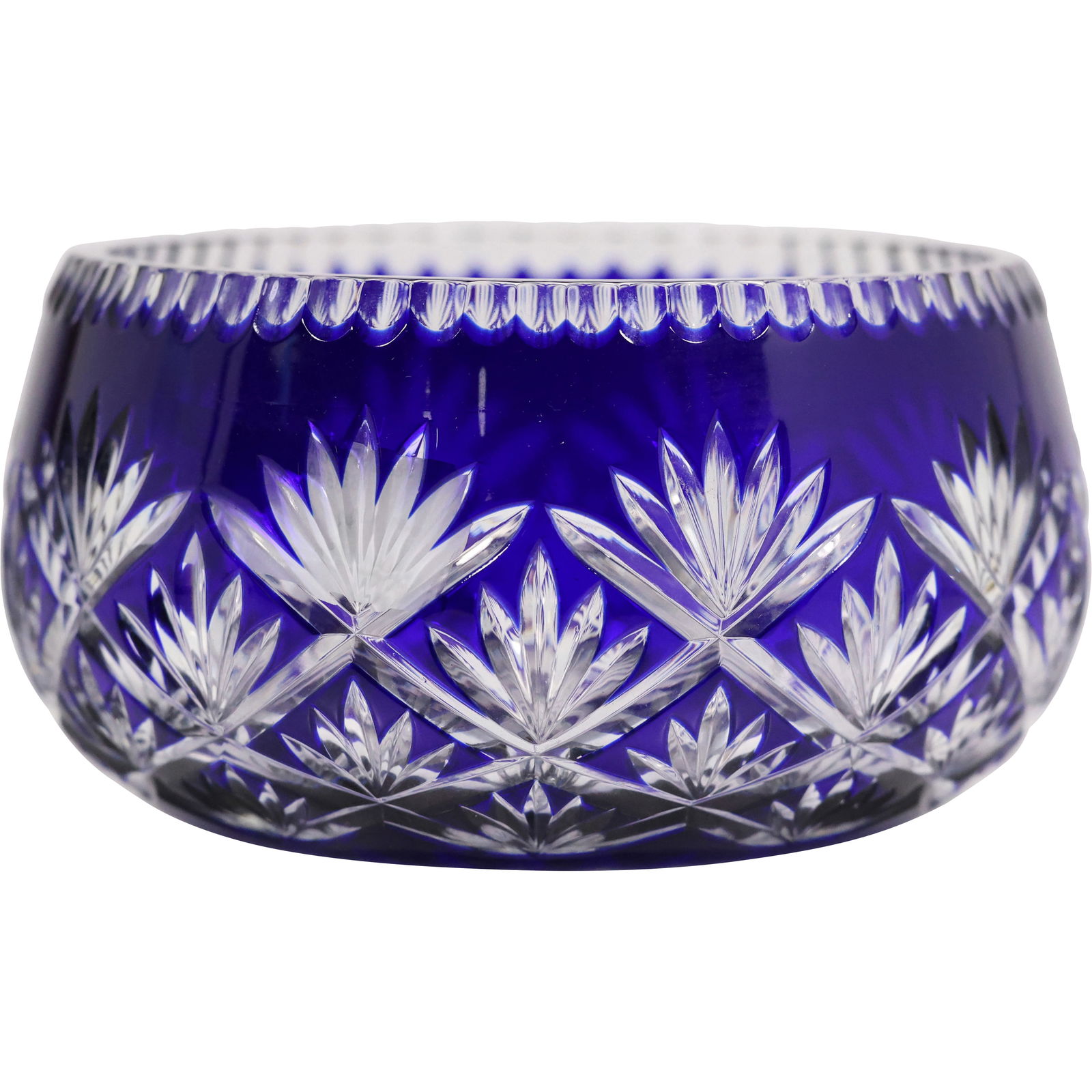 Cobalt Blue Cut-to-Clear Bohemian Crystal Bowl with Fan and Diamond Pattern (1 of 12)