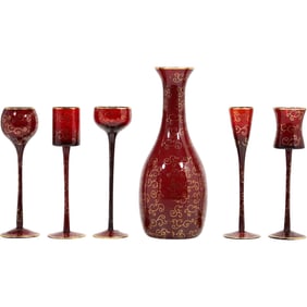 Ruby Red Glass Decanter and Stemware Set with Gold Scroll Decoration