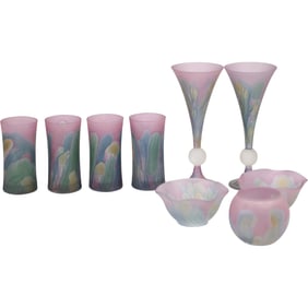 Reuven Hand-Painted Art Glass Set with Flutes, Tumblers, and Bowls