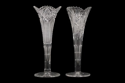 Pair of American Brilliant Cut Crystal Trumpet Vases