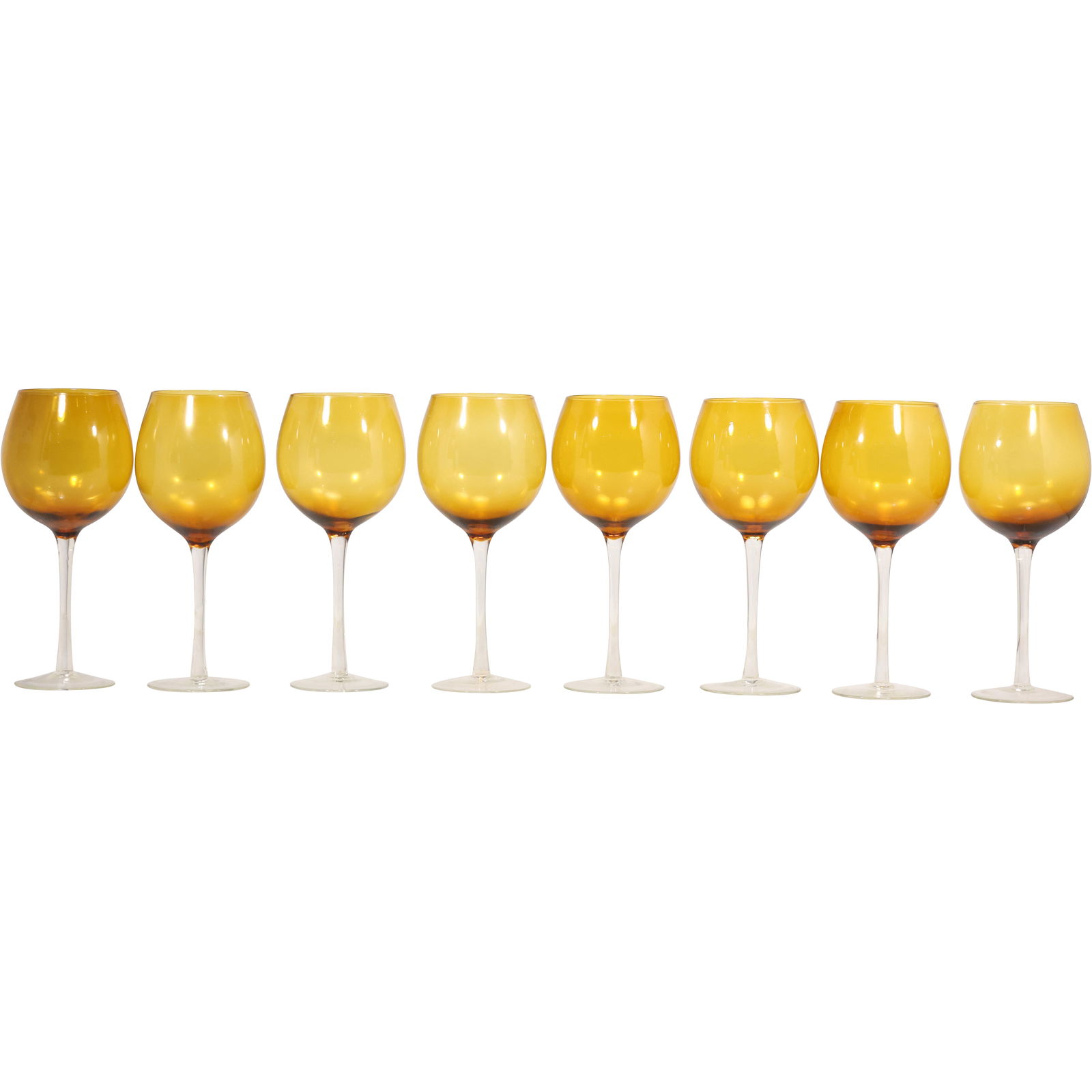 Set of Eight Amber Wine Glasses with Clear Stems: Set of eight wine glasses featuring amber-colored bowls on clear stems. Each glass has a rounded goblet form with a thin stem and circular foot, showcasing a smooth gradient from golden amber to trans